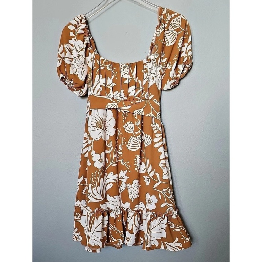 Blu Pepper Floral Puff Sleeve Boho Mini Dress Small Rust Orange White